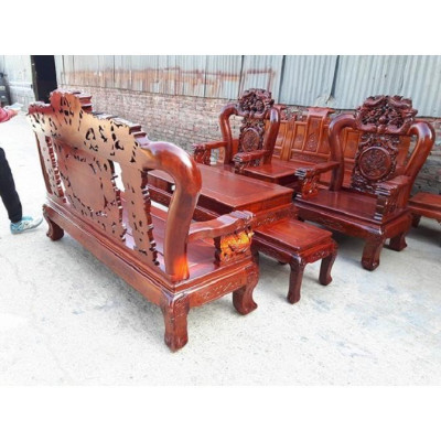 Bộ bàn ghế rồng trầu mặt nguyệt gỗ hương vân