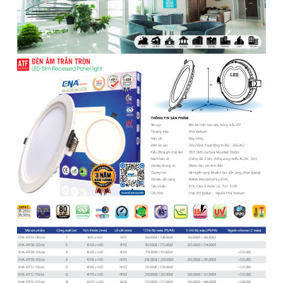 Đèn âm trần dimmer 9w 12w 18w 24w ENA AF điều chỉnh độ sáng ánh sáng Trắng Vàng Trung tính