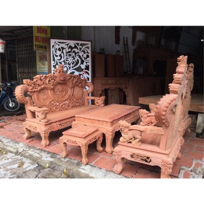 Bộ bàn ghế rồng đỉnh gỗ hương đá tay 12