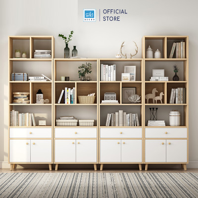 Kệ Sách Gỗ Đứng Nhiều Ngăn Hiện Đại Màu Trắng Phối Vân Gỗ Sồi Thương Hiệu SIB Decor KSG39