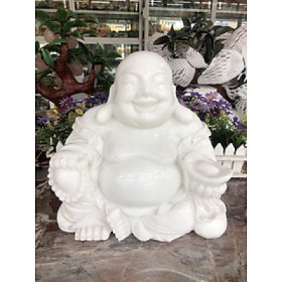 Tượng Phật Di Lặc ngồi cầm thỏi vàng đá cẩm thạch trắng - Dài 30 cm