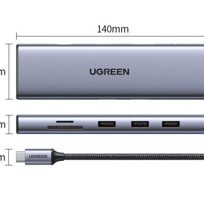 Ugreen UG15601CM498TK USB type C sang 1 x HDMI 4K30hz + 1 x VGA xuất cùng lúc + 1 x RJ45 1Gbps + TF + SD + 3 x USB 3.0 + 1 x 3.5mm NO MIC + 1 x USB-C PD 100W Bộ chuyển 10in1 - HÀNG CHÍNH HÃNG