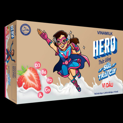Thức uống sữa trái cây vị dâu Vinamilk Hero - Thùng 48 hộp 110ml