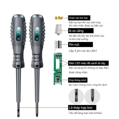 Bút thử điện cảm ứng không tiếp xúc, kiểm tra dây đứt ngầm, kiểm tra pha, đo thông mạch, Vít 2 Cạnh và 4 Cạnh
