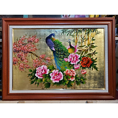 TRANH SƠN MÀI THẾP VÀNG BẠC - ĐÔI CHIM CÔNG ( BÊN NHAU HẠNH PHÚC) 