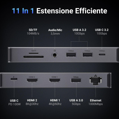Ugreen UG15965CM681TK Hub 2 × HDMI 8k30hz - 4K60Hz + 2 × USB-A 3.2 + USB-C 3.2 + USB-A 3.0 + gigabits RJ45 + SD + TF + 3.5mm + PD Bộ chuyển đổi USB type C - HÀNG CHÍNH HÃNG