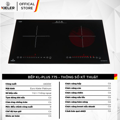 Bếp đôi điện từ hồng ngoại Kieler KL-PLUS775 mặt kính Euro Kieler Platinum, Bếp đôi có chế độ cảm ứng chống tràn 4400W - Hàng Chính Hãng
