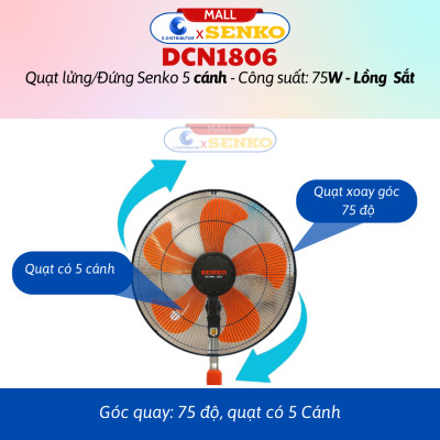 Quạt Đứng Thân Sắt Senko DCN1808 (Lồng Quạt Mạ Crom) - DCN1806 (Lồng Quạt Bằng Sắt) - Công Suất 75w - Hàng Chính Hãng - Bảo Hành 24 Tháng
