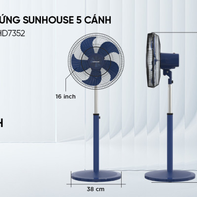 Quạt đứng 5 cánh 65W SUNHOUSE SHD-7352 động cơ đồng nguyên chất, gió mạnh, máy bền, vận hành êm ái, Hàng chính hãng