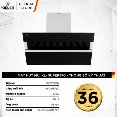 Máy hút mùi KIELER KL-SUPER970 công suất hút cao, không gây tiếng ồn, kiểu vát kính sang trọng, điều khiển bằng cử chỉ - Hàng Chính Hãng