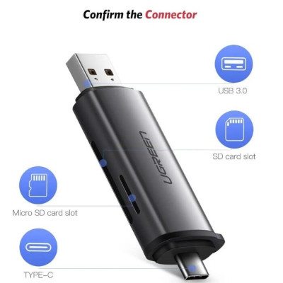 Ugreen UG50706CM185TK Màu Xám Đầu đọc thẻ nhớ TYPE C + USB 3.0 sang TF + SD - HÀNG CHÍNH HÃNG