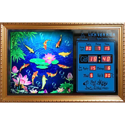 Đồng hồ Lịch Vạn Niên tranh đèn treo tường hiệu Cát Tường_tranh Cửu Ngư Quần Hội 55003_KT 55x35x7cm_Có 2 loại (Không remote đèn và Có remote đèn)