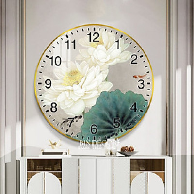 (CÓ ẢNH THẬT)Tranh đồng hồ tròn hoa sen trắng bo viền vàng mặt mica sáng bóng kèm pin và đinh treo