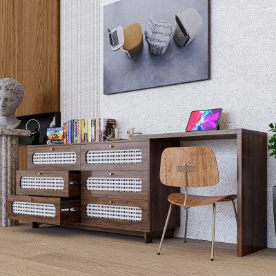 HAPPY FURNITURE , Tủ lưu trữ 6 ngăn kéo mây đan kết hợp bàn - VENNI , BAN_117 , 240cm x 45cm x 89cm DxRxC