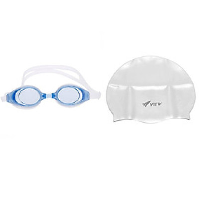 Bộ Kính Bơi VIEW V610 CLB (Xanh Trắng) Chống Sương Mù Chống tia UV Và Nón Bơi View V31 (Trắng) - Hàng chính hãng 100% sản xuất tại Nhật Bản