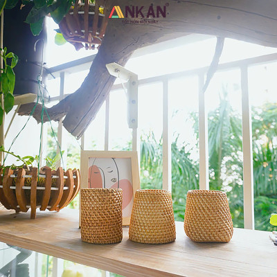 Cốc Mây Tre Đan Thủ Công Đa Năng - Đựng Bút, Cắm Hoa, Trang Trí Bàn Làm Việc - Phong Cách Vintage