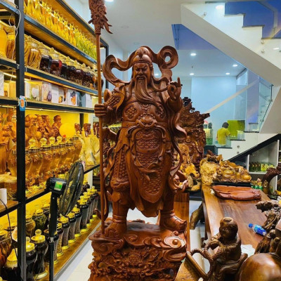 Tượng quan công cầm đao đứng trên đầu hổ phù kt cao 80×31×21cm