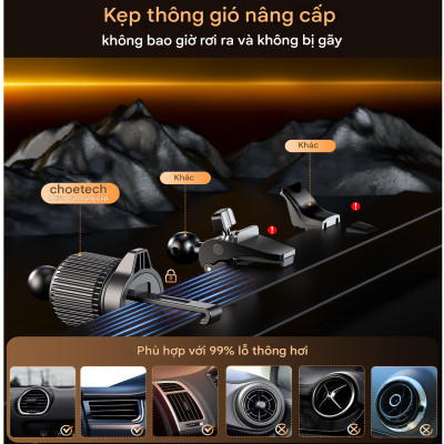 Bộ giá đỡ điện thoại hít nam châm 2in 1 Choetech H01005 dán taplo hoặc kẹp khe gió xoay 360 độ - Hàng chính hãng