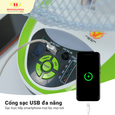 Quạt sạc tích điện Honjianda FL 316 - tích hợp đèn LED & cổng USB - Hàng chính hãng