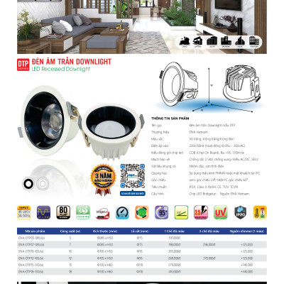 Đèn LED ENA âm trần DTP công suất 5W 7W 10W 12W 15W 18W