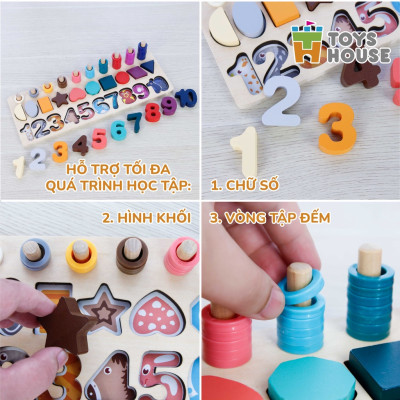 Đồ chơi gỗ lắp ghép cho bé, bảng học chữ số, hình khối và tập đếm giáo dục sớm cho trẻ Toyshouse 574