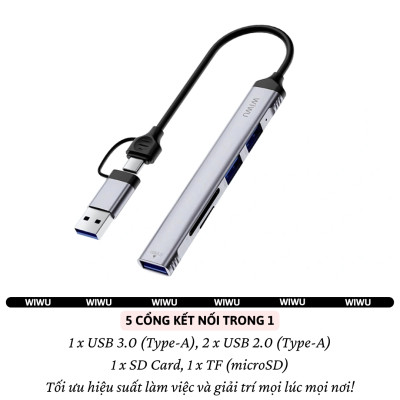 Hub chuyển đổi chia cổng USB-C / USB-A 5in1 USB 3.0 + 2xUSB-A + Micro SD + SD hiệu WIWU Zolo cho Macbook Laptop cho iPhone - Hợp kim nhôm, nhỏ gọn, bền bỉ, đa năng truyền dữ liệu nhanh chóng - Hàng nhập khẩu
