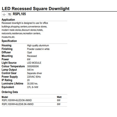 ĐÈN LED ÂM TRẦN VUÔNG LUMAX#RSPL105/W-6LED/XMXD