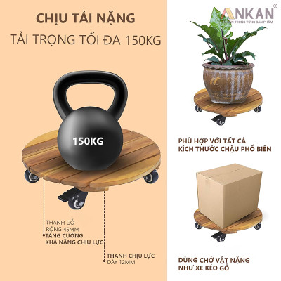 Đế Lót Để Chậu Cây Có Bánh Xe ANKAN 40cm Làm Giá Đỡ Kệ Hoa Cây Cảnh, Màu Vàng Nắng, Chịu Tải 150Kg