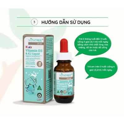 Tinh chất D3 K2 hỗ trợ hấp thu canxi cho trẻ Vitatree Kids Vitamin D3 & K2 Liquid 20ml