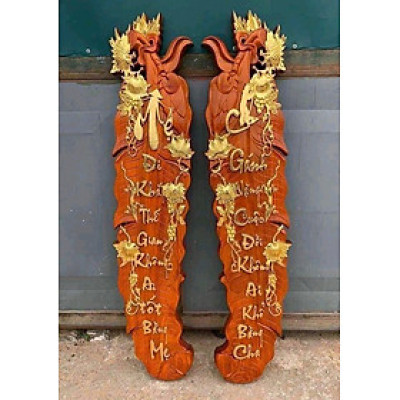 Tranh câu đối cha mẹ hình lá chuối bằng gỗ hương đỏ kt 30×127×4cm