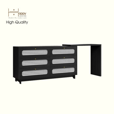 HAPPY FURNITURE , Tủ lưu trữ 6 ngăn kéo mây đan kết hợp bàn - VENNI , BAN_117 , 240cm x 45cm x 89cm DxRxC