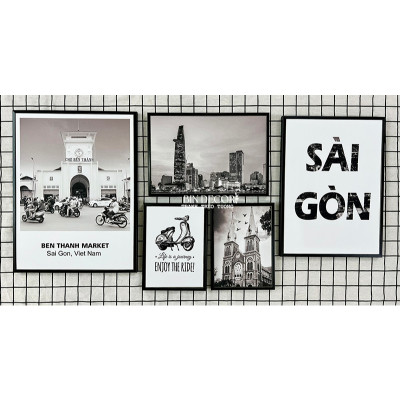 (ẢNH THẬT) Tranh treo tường trang trí decor sài gòn trắng đen có sẵn khung