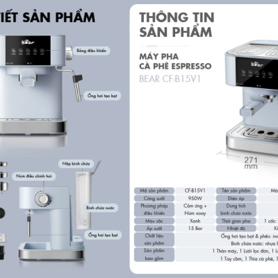 Máy Pha Cà Phê Tự Động Espresso BEAR CF-B15V1 Với Công Thức Pha Nespresso, Americano, Cappuccino Tạo Bọt Sữa Dễ Dàng Áp Suất 15 Bar Công Suất 950 W - Hàng Chính Hãng