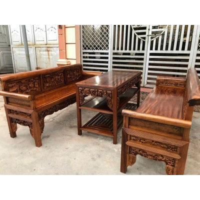 Bộ bàn ghế trường kỉ gụ quảng bình siêu vân chạm tích tam quốc