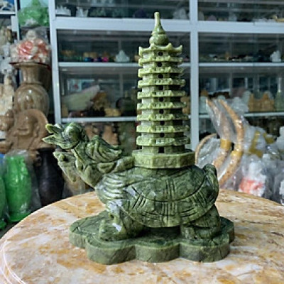 Cụ Long Quy (Rùa Đầu Rồng) Cõng Tháp Văn Xương Đá Ngọc Ấn Độ - cao 22cm
