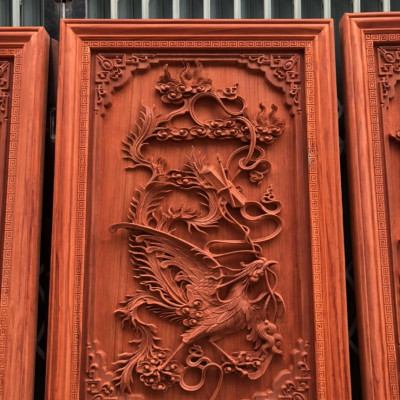 Tranh treo tường trạm khắc tứ linh bằng gỗ hương đỏ kt 37×107×4cm