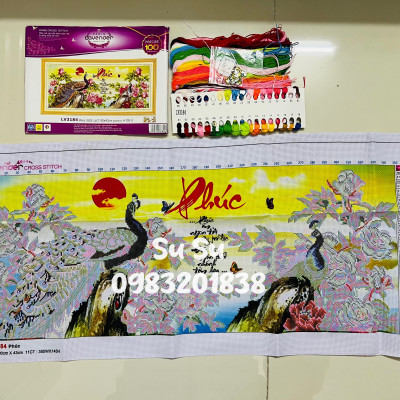 Tranh thêu chữ thập con công chữ phúc LV3184, tranh thêu 3D