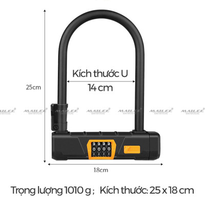 Khóa Chữ U Chống Trộm Cho Xe Máy/ Xe Điện/ Xe Đạp U-0511 Hợp Kim Thép Vỏ PVC - Khóa Mã 4 Số + Cáp Thép 1m2 (tùy chọn) - Mai Lee