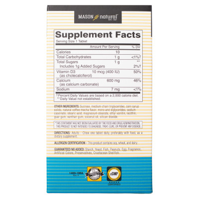 Calcium 600mg + D3 Mason Natural 100 viên - Viên nhai bổ sung canxi