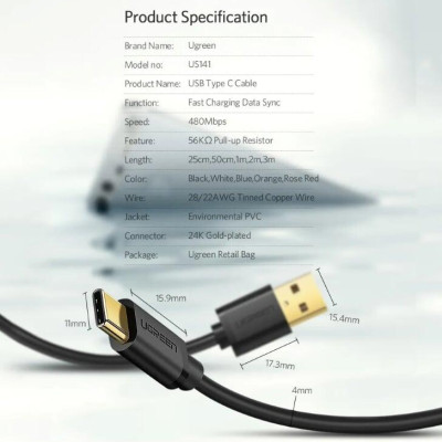 Ugreen UG30162US141TK 3M màu đen Dây USB 2.0 sang Type-C truyền dữ liệu và sạc - HÀNG CHÍNH HÃNG