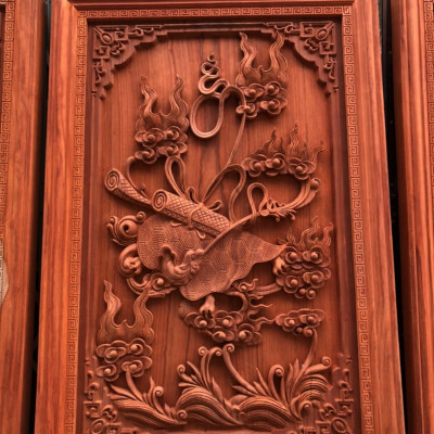 Tranh treo tường trạm khắc tứ linh bằng gỗ hương đỏ kt 37×107×4cm