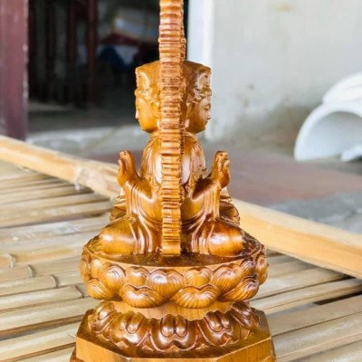 Tượng quan âm bồ tát ngồi đài sen khắc hai mặt bằng gỗ bách xanh thơm nức kt 13×7×7cm