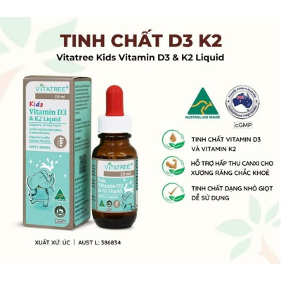 Tinh chất D3 K2 hỗ trợ hấp thu canxi cho trẻ Vitatree Kids Vitamin D3 & K2 Liquid 20ml