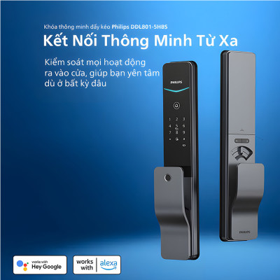 Bộ khóa cửa thông minh Gateway điều khiển từ xa, vân tay, thẻ từ, mật khẩu và chìa cơ, tích hợp kèm chuông cửa. Thương hiệu Hà Lan cao cấp Philips DDL801-5HBS. Hàng chính hãng