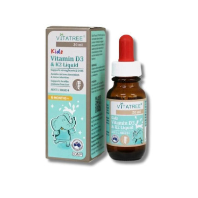 Tinh chất D3 K2 hỗ trợ hấp thu canxi cho trẻ Vitatree Kids Vitamin D3 & K2 Liquid 20ml