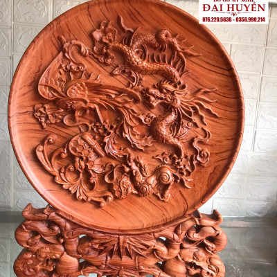 Đĩa trạm khắc tứ linh trang trí ,phong thủy bằng gỗ hương đá kt mặt rộng 40×4cm