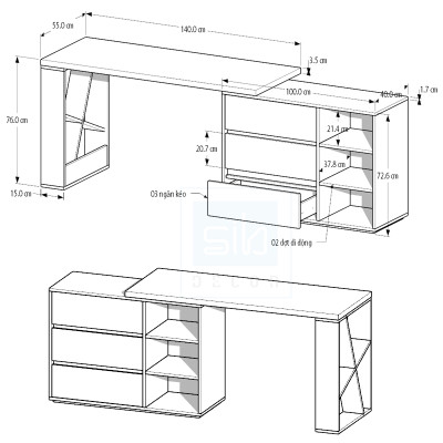 Bàn Làm Việc Hiện Đại Kết Hợp Tủ Sách Nhiều Ngăn Đa Sắc Màu Phong Cách Bắc Âu SIB Decor BLV06