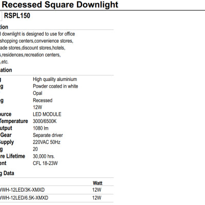 ĐÈN LED ÂM TRẦN VUÔNG LUMAX#RSPL150/W-12W, XX THÁI LAN, 30.000 GIỜ