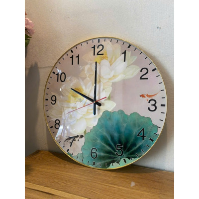 (CÓ ẢNH THẬT)Tranh đồng hồ tròn hoa sen trắng bo viền vàng mặt mica sáng bóng kèm pin và đinh treo
