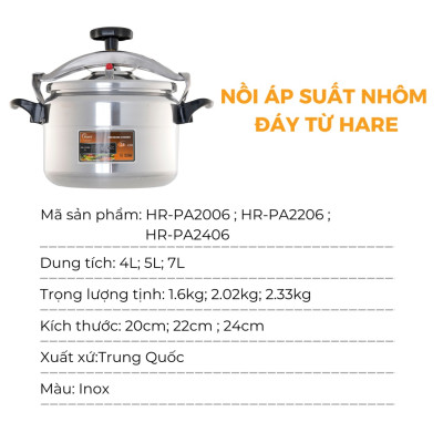 Nồi áp suất nhôm đáy từ 3 kích thước 20 22 24cm -hàng chính hãng thương hiệu Hare - bảo hành 12 tháng